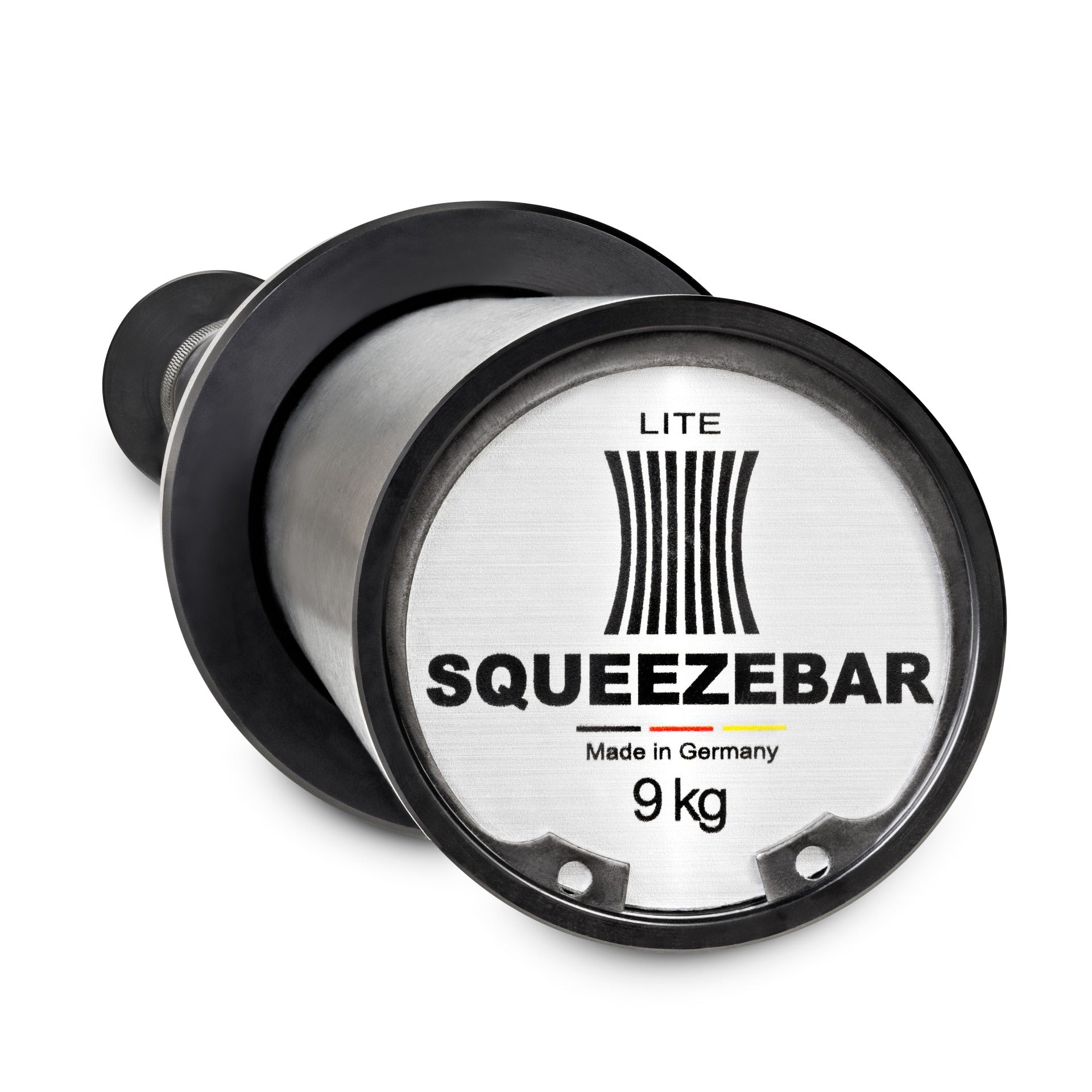 Close up of Barbell edge with lettering reading Squeezebar, Made in Germany, and 9kg referring to the barbell weight